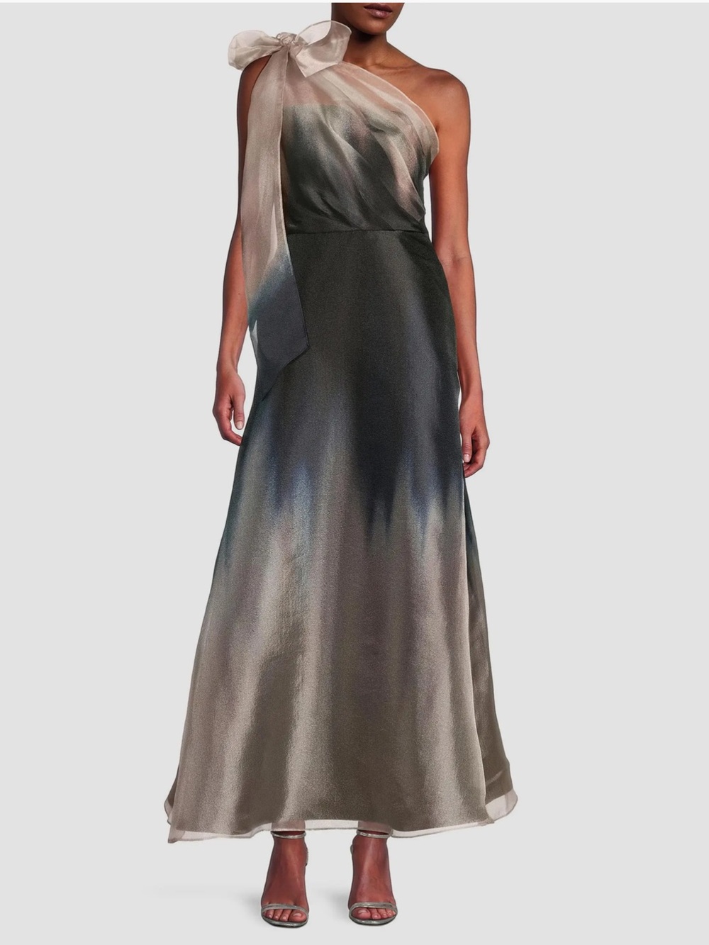 Kay Unger Victoria Ombré One Shoulder Satin Gown Dress Black/Tea Rose